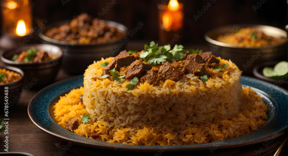 beef biryani ,beautifully Garnished