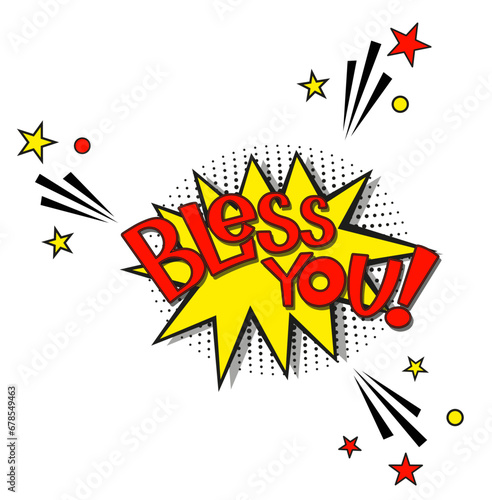 Comic lettering bless you. Vector bright cartoon illustration in retro pop art style. Comic text sound effects. EPS 10.