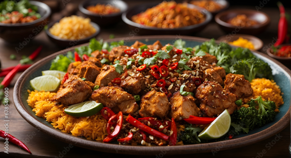 Spicy szechuan chicken on plate and variety of spices