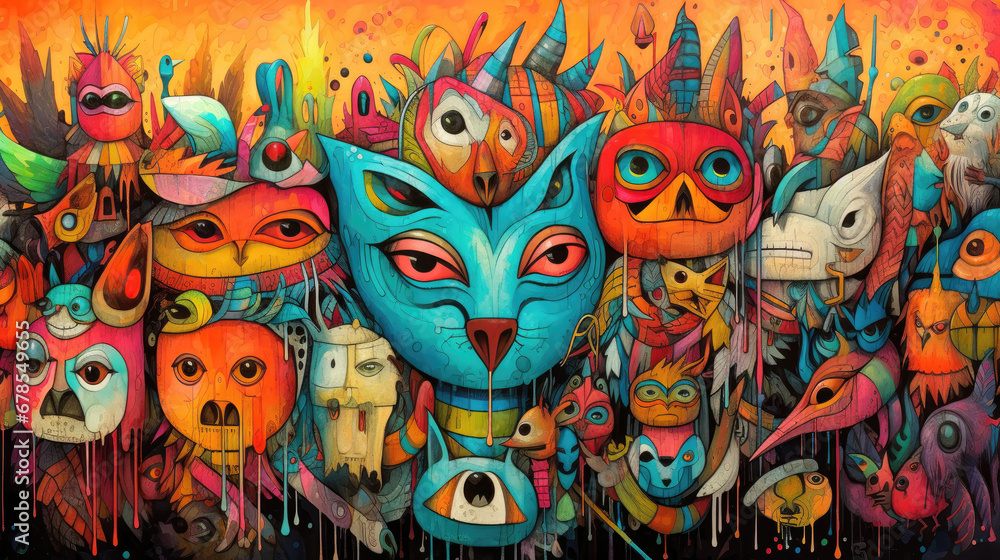 Surreal assembly of vibrant, mythical creatures and masks in a rich, detailed artwork