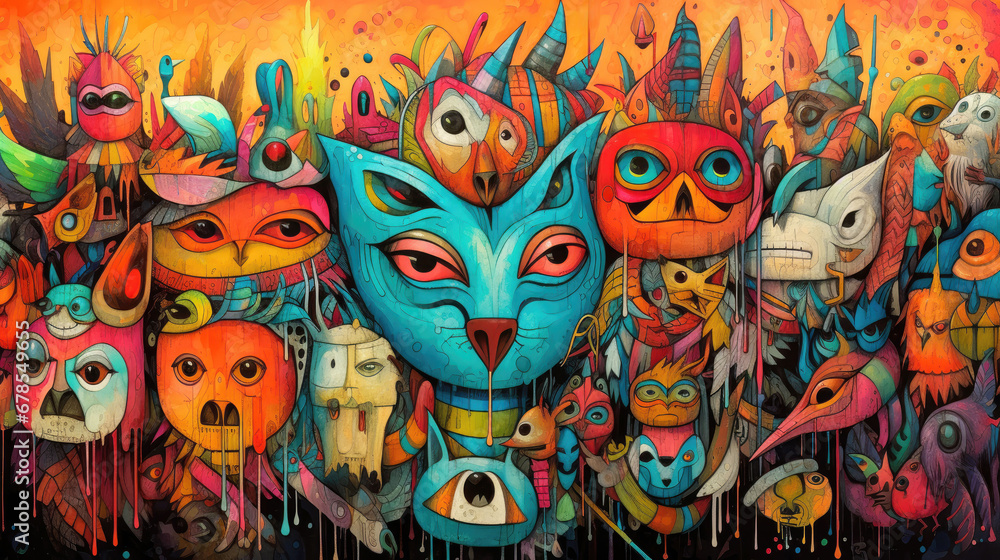 Surreal assembly of vibrant, mythical creatures and masks in a rich, detailed artwork Surreal assembly of vibrant, mythical creatures and masks in a rich, detailed artwork