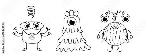 Angry aliens and space ufo. Coloring page. Black and white monsters. Vector