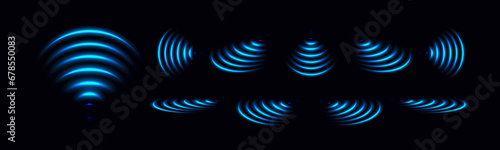 Wi-Fi light effect, Blue glowing signal sensor waves internet wireless connection. Wireless technology digital radar or sonar with glowing light effect. Vector photo