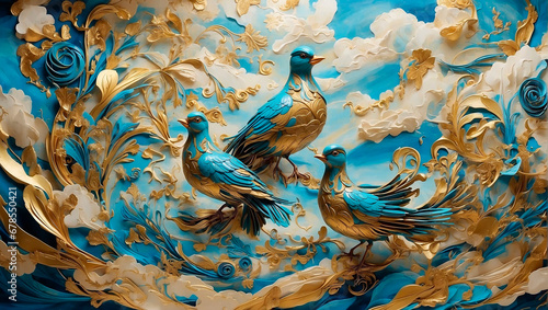 Soft blue background with the image of magic blue golden birds.Generative AI photo