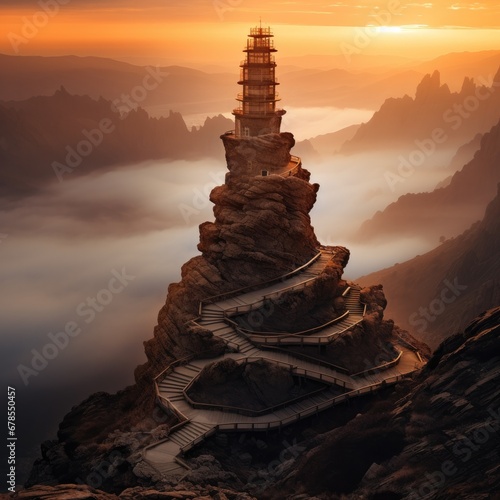 A lighthouse on top of a mountain at sunset. Generative AI.