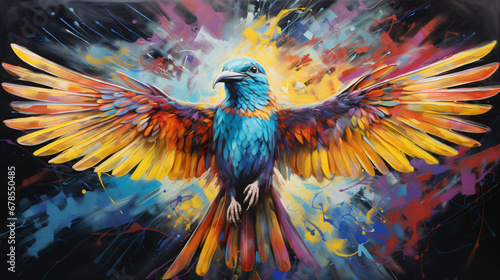 A painting of a colorful bird
