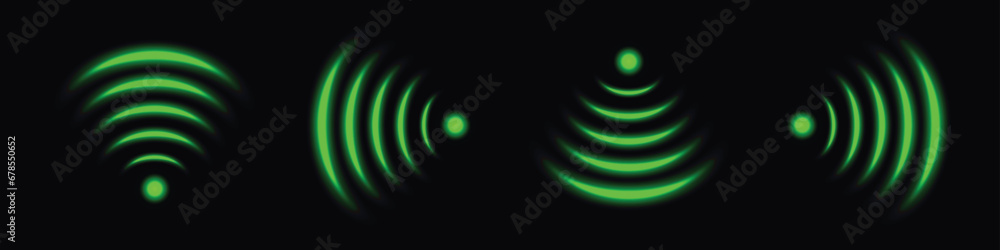Wi-Fi light effect, Green glowing signal sensor waves internet wireless connection. Wireless technology digital radar or sonar with glowing light effect. Vector
