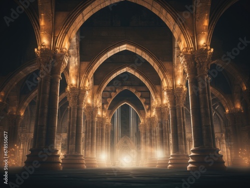 A large cathedral with columns and lights. Generative AI.