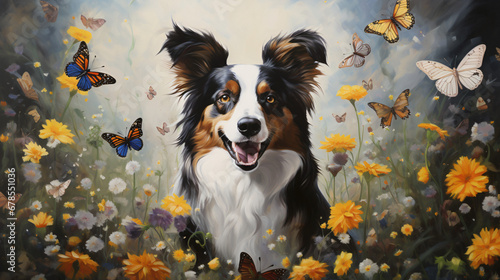 A painting of a dog surrounded by flowers