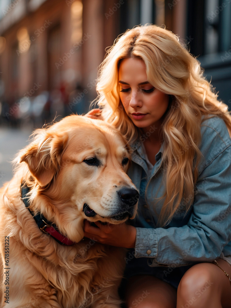 A girl with a Labrador dog on the street of the city sat down to stroke her pet. Generative AI A girl with a Labrador dog on the street of the city sat down to stroke her pet. Generative AI