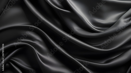 Black gray satin dark fabric texture luxurious shiny that is abstract silk cloth panorama background with patterns soft waves blur beautiful background. Generative Ai.