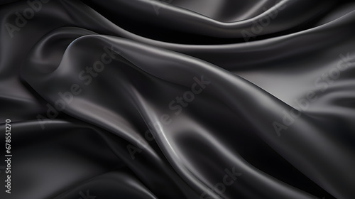 Black gray satin dark fabric texture luxurious shiny that is abstract silk cloth panorama background with patterns soft waves blur beautiful background. Generative Ai.