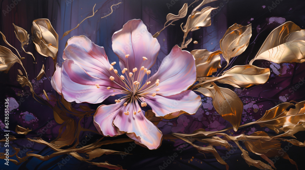 A painting of a flower with gold leaves