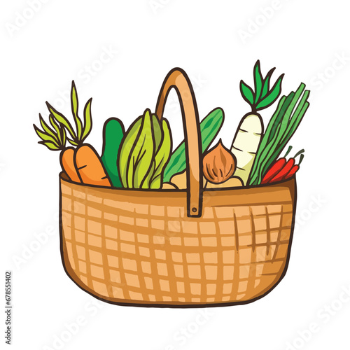 Basket full of vegetables vector illustration outlined isolated on square white background. Textured simple flat cartoon art styled drawing.