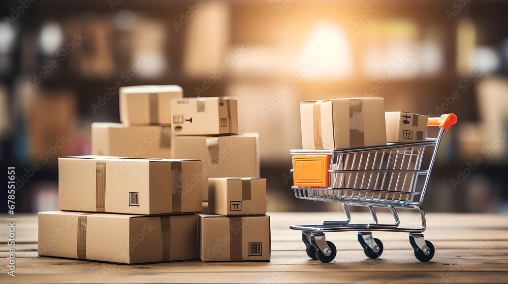 Online Shopping Platform of boxes, shopping cart, and technology symbols representing an ecommerce marketplace, showcasing concepts like shipping, delivery, and secure payment options.