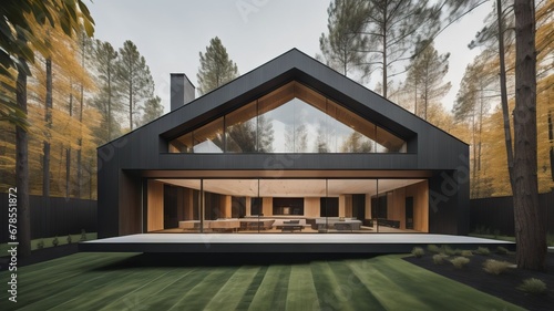 Modern minimalist private black house decorated with wood cladding. Residential architecture exterior  photo
