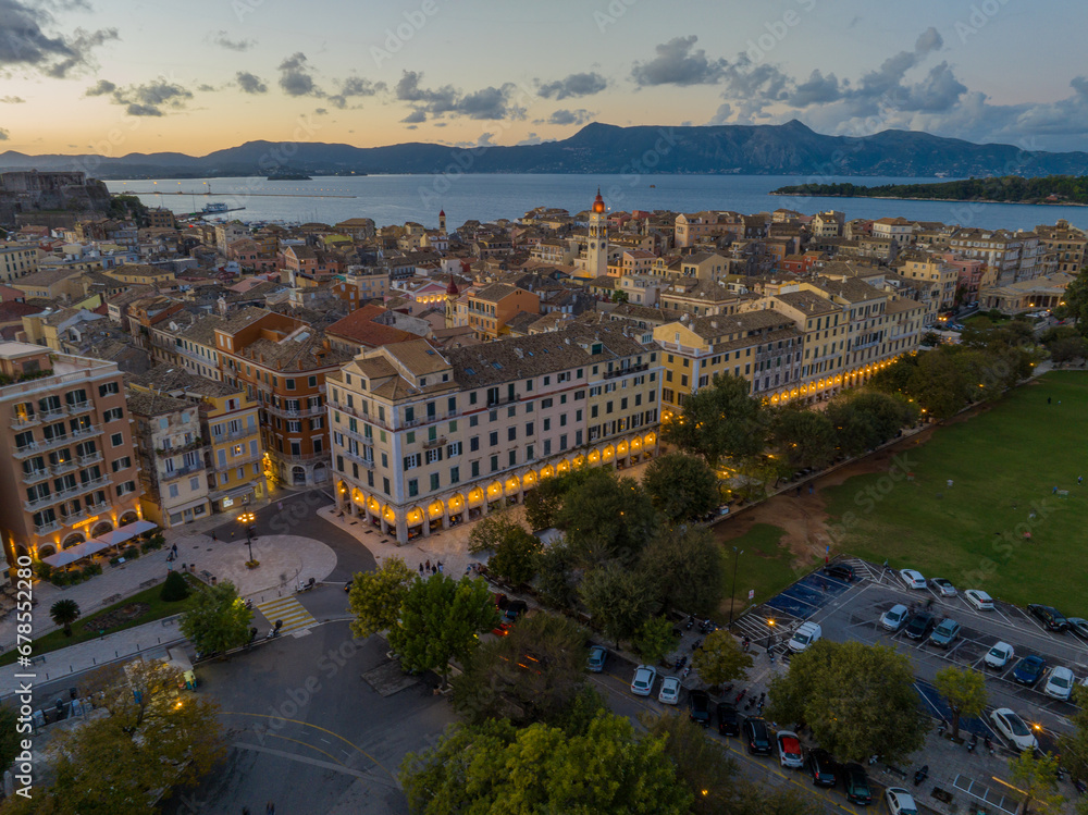 Corfu town from above. Old capital of the island Kerkyra, Greece, Europe. Mediterranean architecture. 