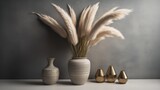 Pampas grass in decorative ceramic vase on table near gray sofa and white wall. Interior design of modern living room