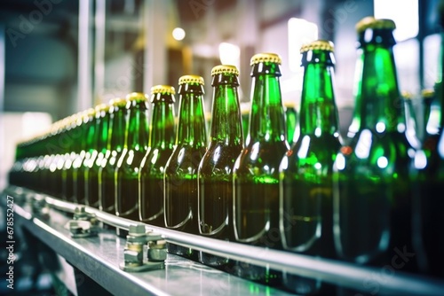 glistening beer bottles on a production line