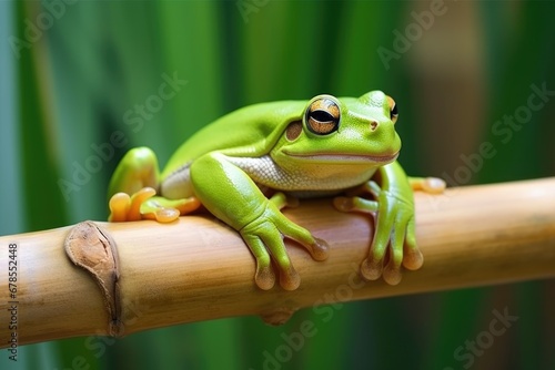 tree frog gripping onto a bamboo stalk