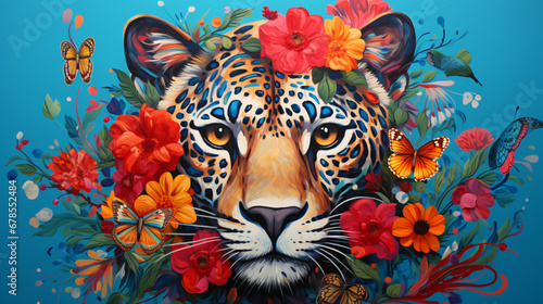 A painting of a leopard with flowers