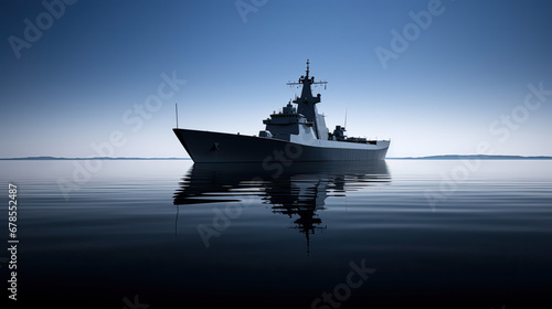 Frigate or Battleship Sailing on Serene Dark Blue Waters, minimal marine wallpaper 