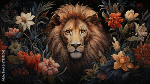 A painting of a lion surrounded by flowers