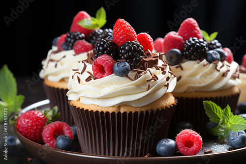 Сloseup of chocolate cupcake with raspberries and strawberries and frosting on dark theme background.