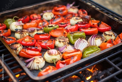charred peppers and onions accompanying the asado