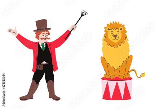 Animal trainer with lion. Circus character in doodle style.