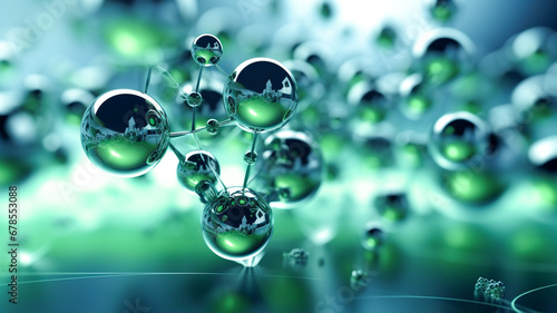 Green Hydrogen H2 gas molecule. New Green Energy Water Fuel Cell Future Hydrogen for sustainability environment. H2 molecule in the bubbles in the liquid.