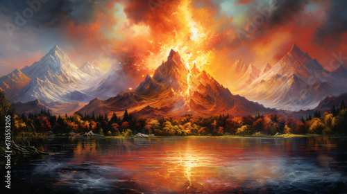 A painting of a mountain on fire