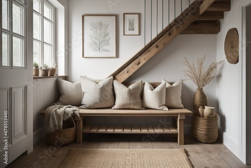 Rustic wooden bench with pillows near staircase. Scandinavian, farmhouse interior design of modern entrance hall 