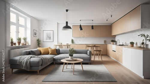 Studio apartment. Interior design of modern living room and kitchen, panorama © Marko