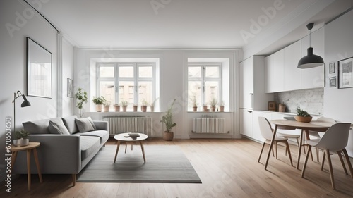 Studio apartment. Interior design of modern living room and kitchen  panorama