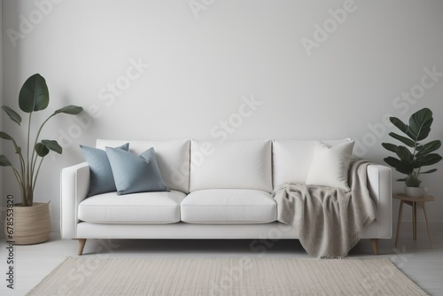 Single white sofa with pillows and blanket against blank wall with copy space. Minimalist home interior design of modern living room