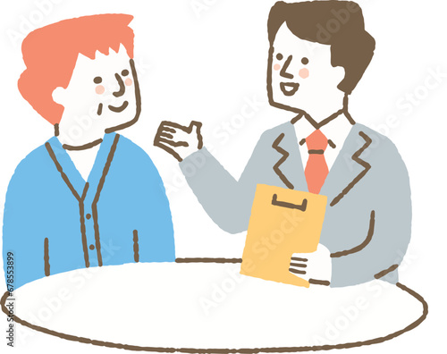 専門家の説明を聞いている高齢男性_色