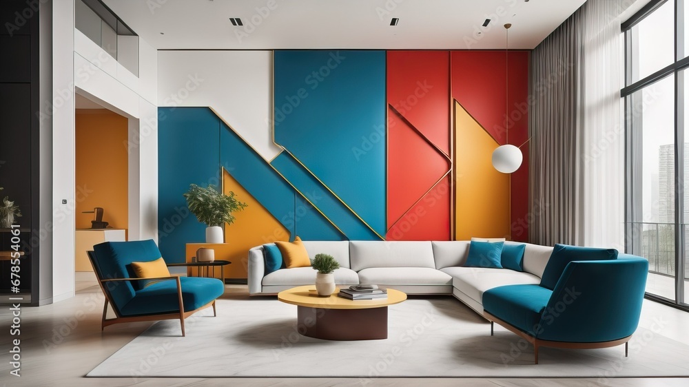 Fototapeta premium Suprematism style interior design of modern living room with armchair and wall with abstract geometric shapes