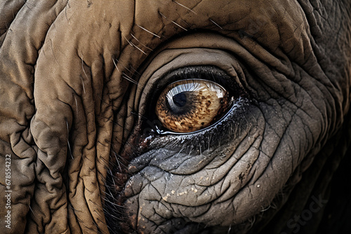 The close up detail of an elephant's iris eye pattern, structures, and texture reflected with the natural light. AI generative © Surachetsh