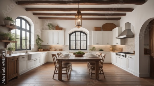 Traditional spanish interior design of kitchen with arched windows and door, wooden dining table and chairs  © Marko