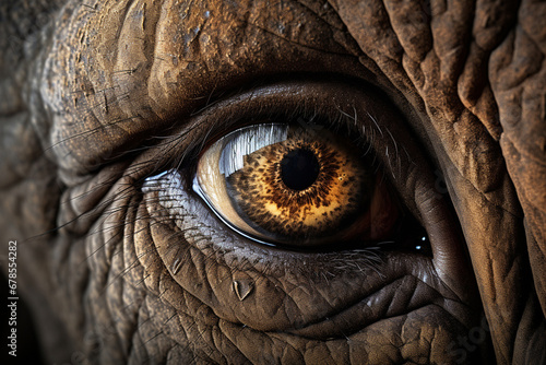 The close up detail of an elephant's iris eye pattern, structures, and texture reflected with the natural light. AI generative
