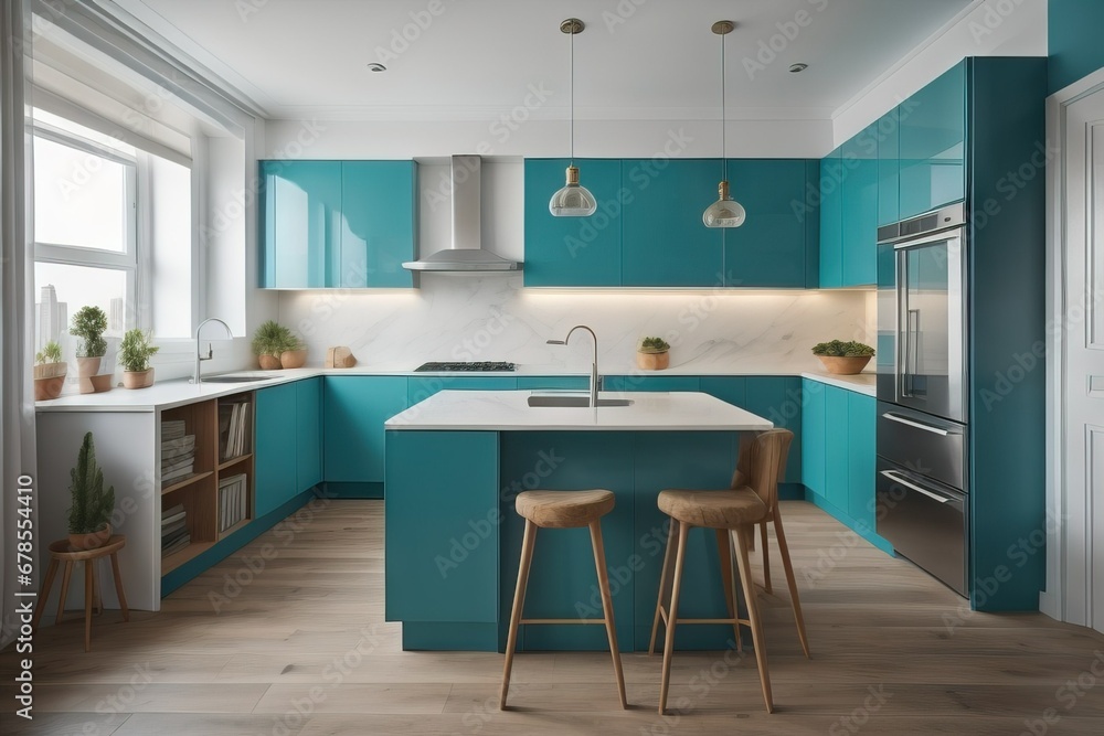 Turquoise kitchen in studio apartment. Interior design of modern living room Turquoise kitchen in studio apartment. Interior design of modern living room