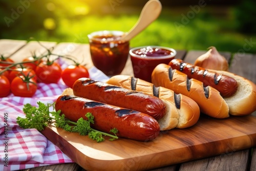 bbq hotdogs with toasted buns on a picnic table photo