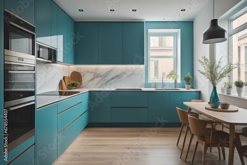 Turquoise kitchen in studio apartment. Interior design of modern living room