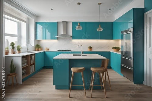 Turquoise kitchen in studio apartment. Interior design of modern living room © Marko