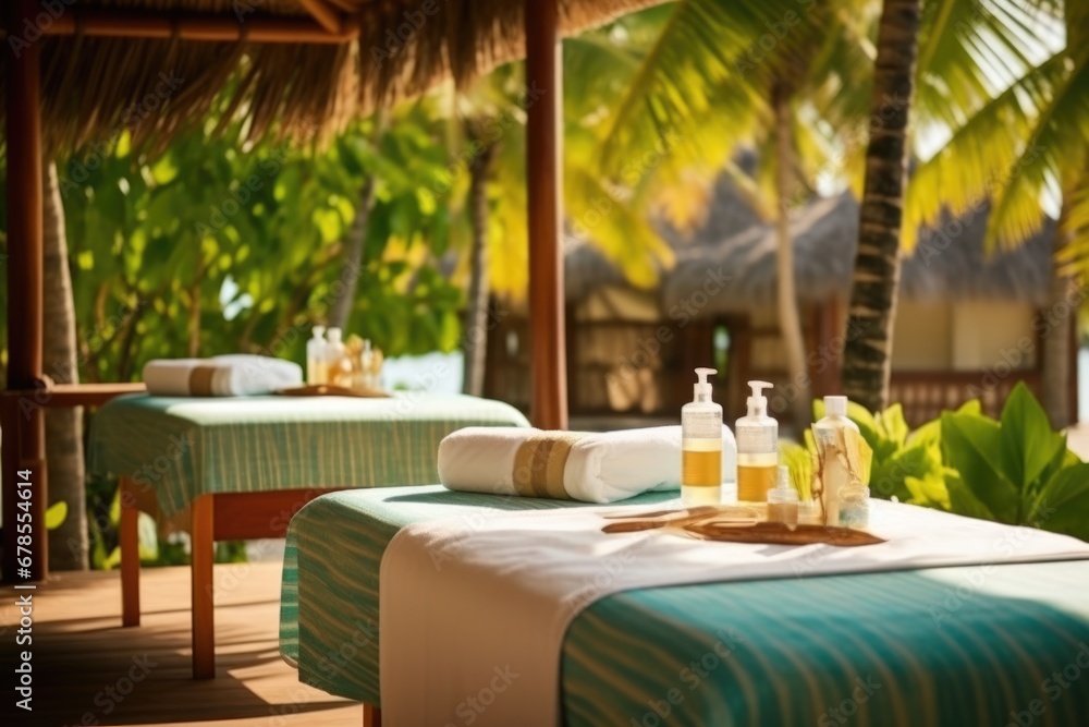 beach resort spa with massage table and aromatherapy oils