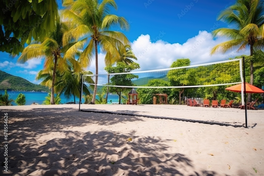 resort beach volley court with net and ball setup - obrazy, fototapety, plakaty 