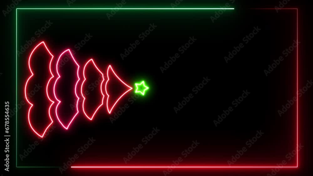 Animated Glowing Red Neon Christmas Tree on Black Background Neon