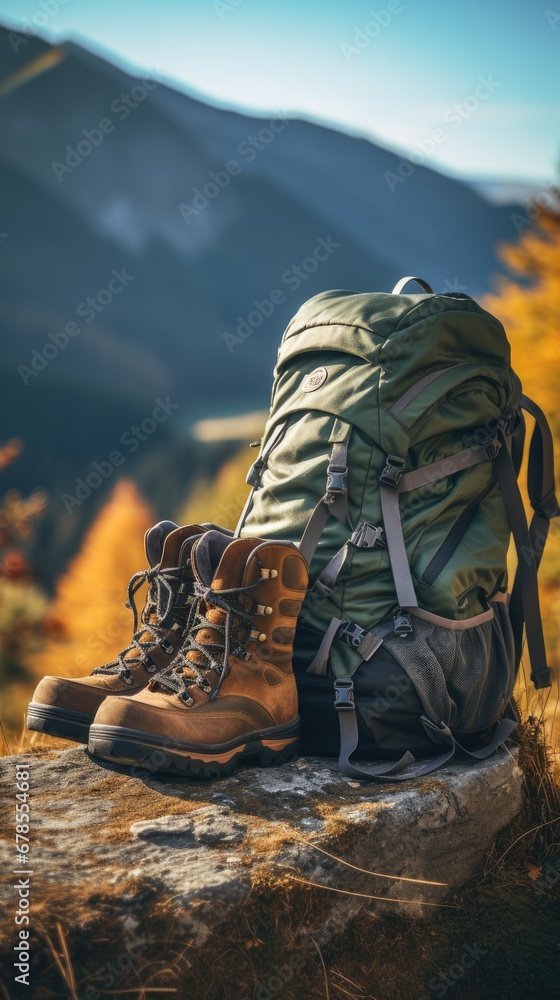 low angle shot of a backpack and hiking boots on a mountain low angle shot of a backpack and hiking boots on a mountain