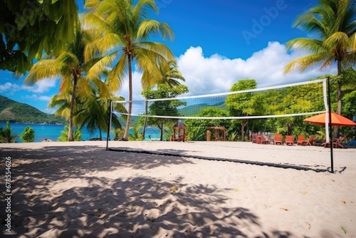 resort beach volley court with net and ball setup